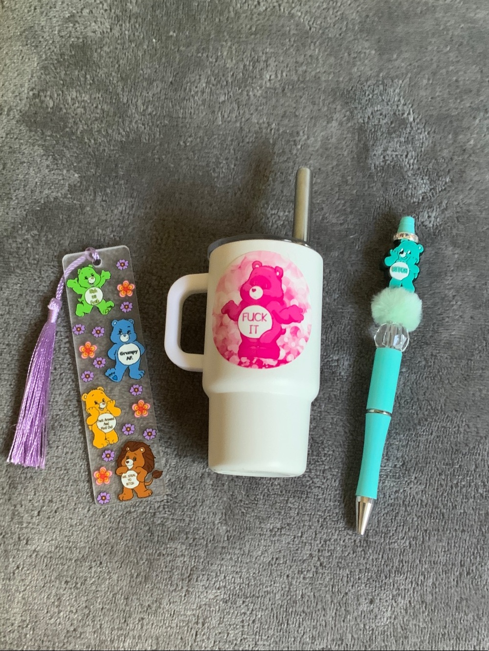 White Travel Mug with Pink Bear Graphic and Stainless Straw